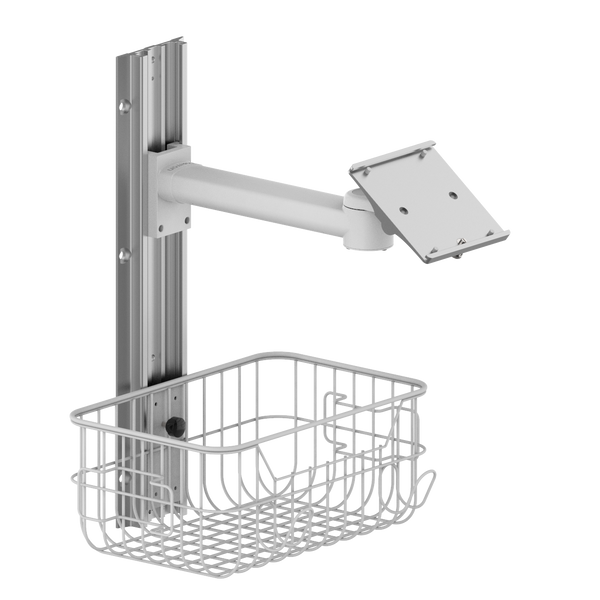 WALL MOUNT FOR MEDICAL MONITOR , LONG FIX ARM , SHORT SWIVEL ARM , BASKET WITH CHOICE OF MOUTING BRACKET